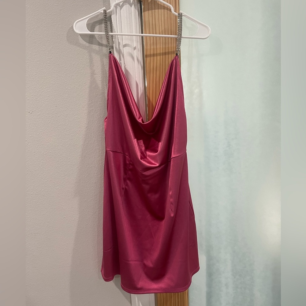 Pink Ruched Mini Dress Rhinestone Straps BarbieCore Pink Plus Size XL